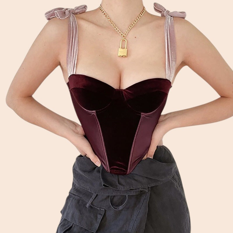 Velvet Bow Strap Corset Top