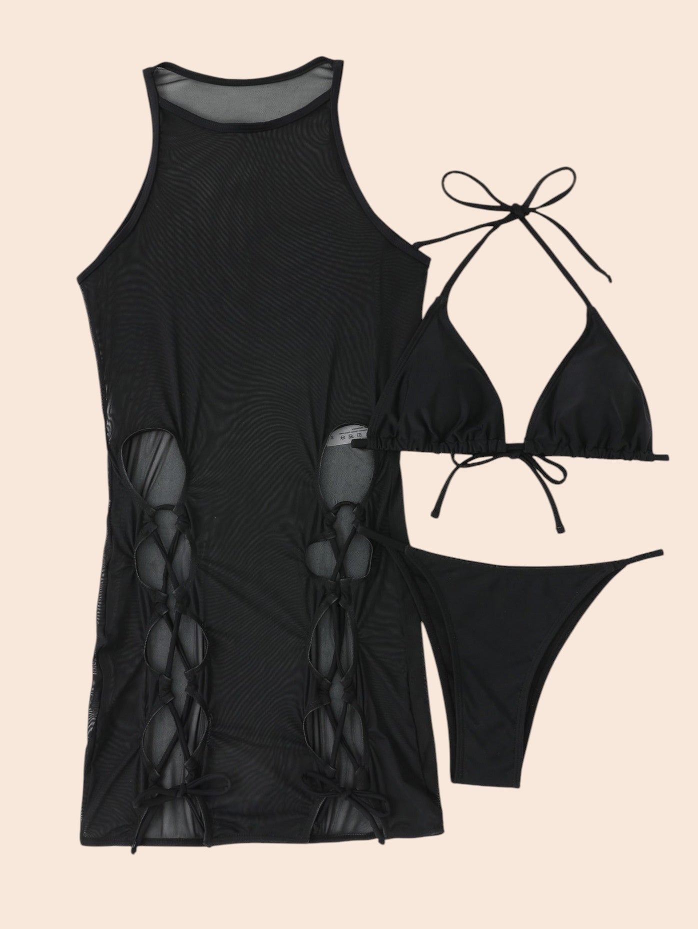 High-Slit Mesh Three-Piece Swim Set