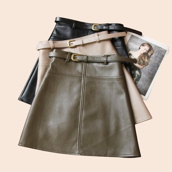 Belted High-Waisted Faux Leather A-Line Skirt