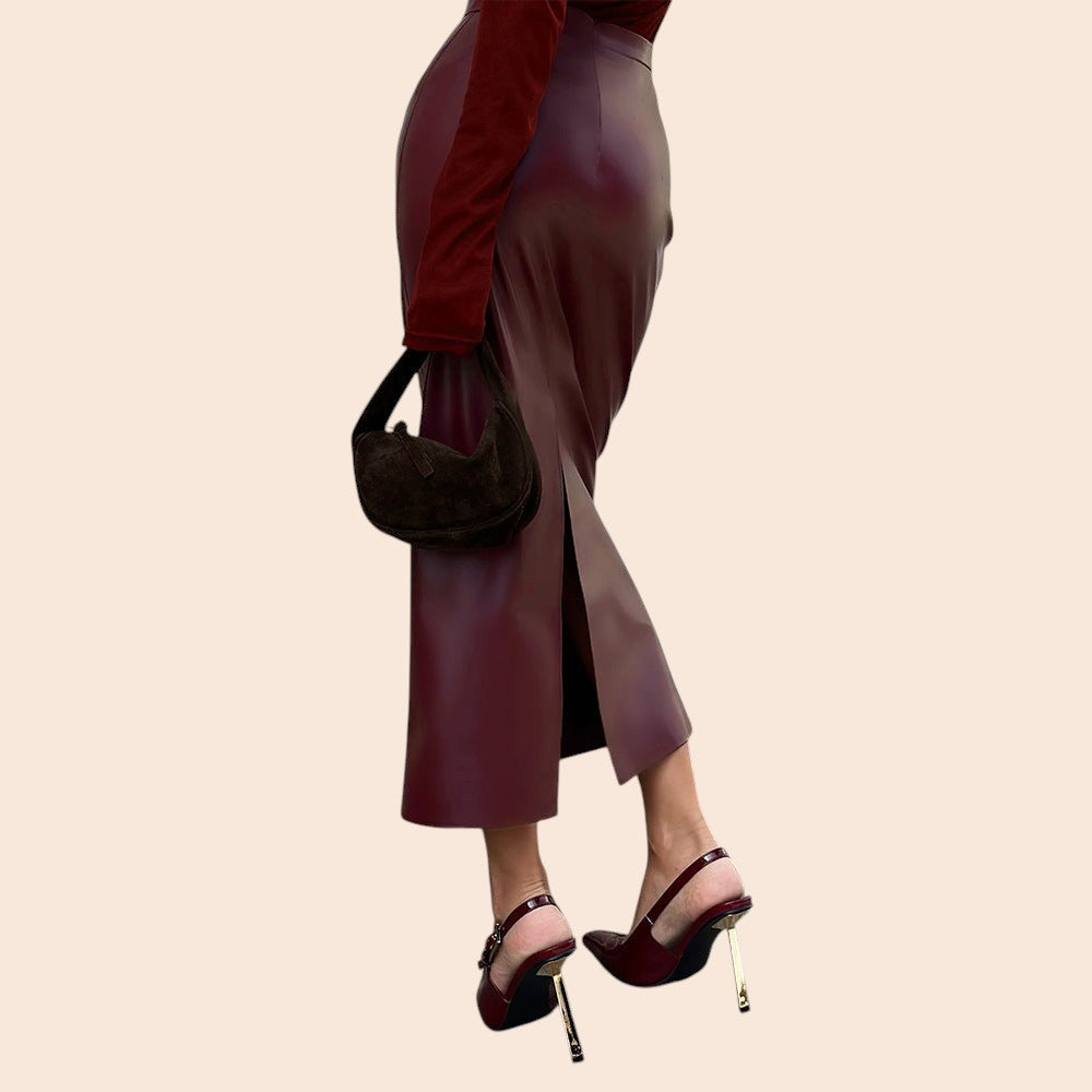 Wine Red Faux Leather Midi Slit Skirt