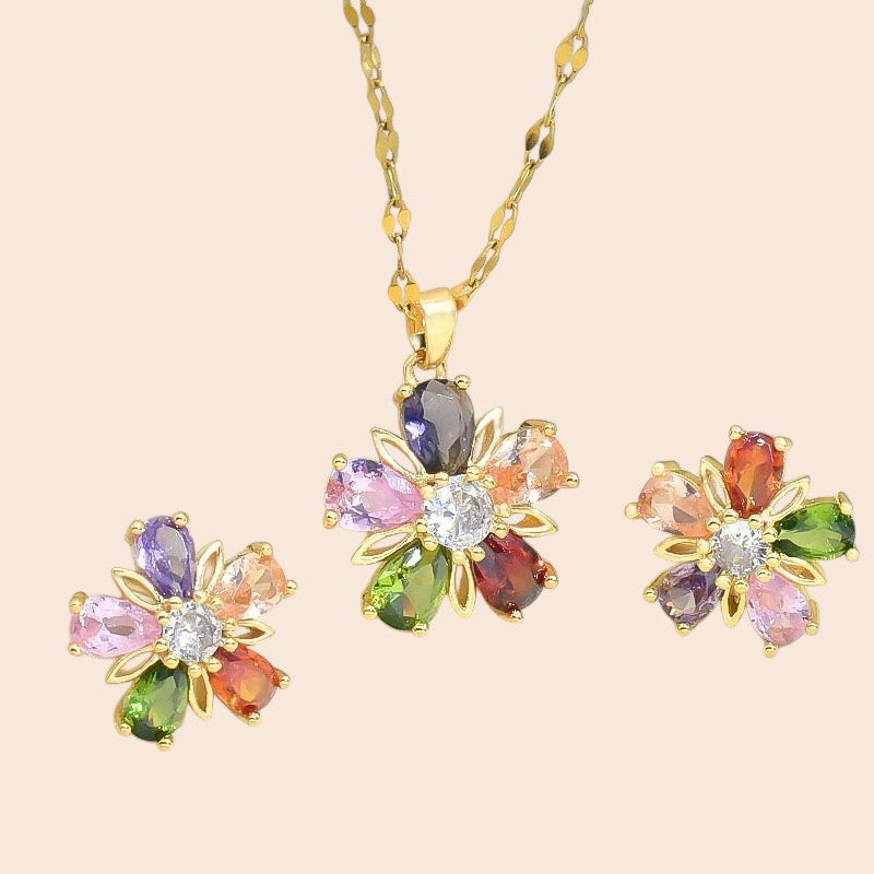 Colorful Crystal Flower Jewelry Set – Luxe Floral Sparkle