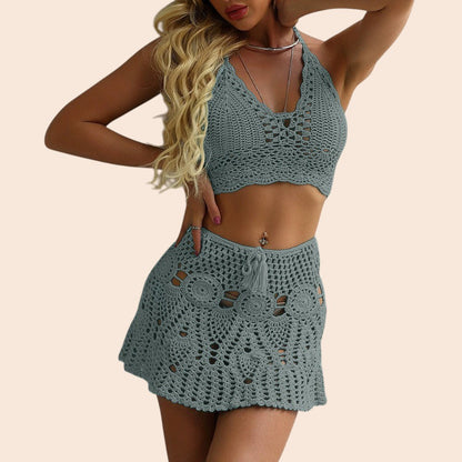 Crochet Halter Bikini & Mini Skirt Set