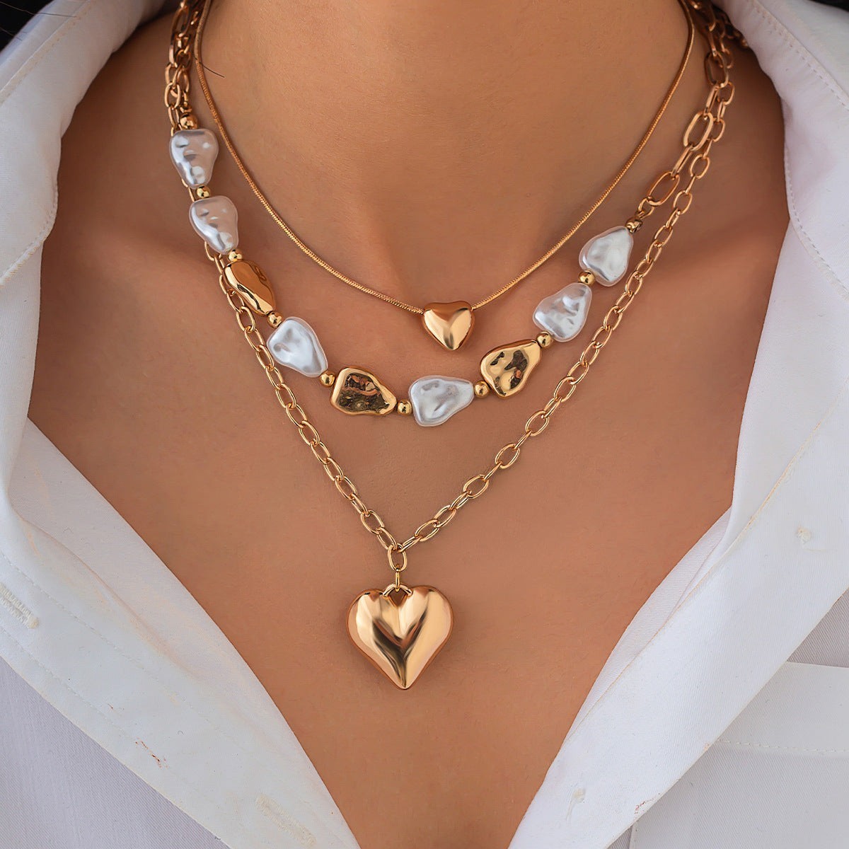 Layered Heart & Pearl Pendant Necklace