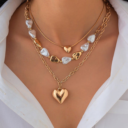 Layered Heart & Pearl Pendant Necklace