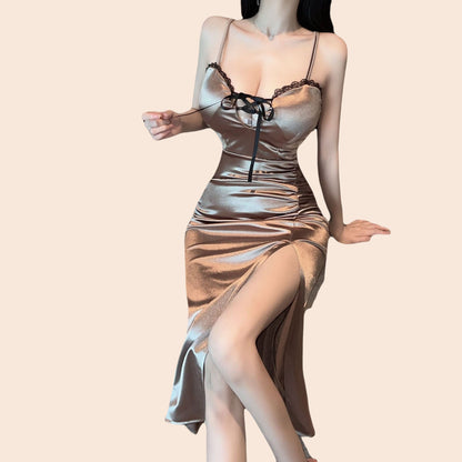 Lace Detail Satin Slip Midi Dress