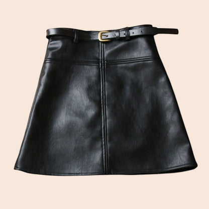 Belted High-Waisted Faux Leather A-Line Skirt