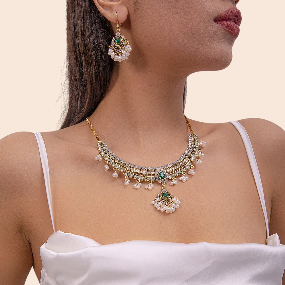 Vintage Pearl Flower Statement Necklace & Earring Set