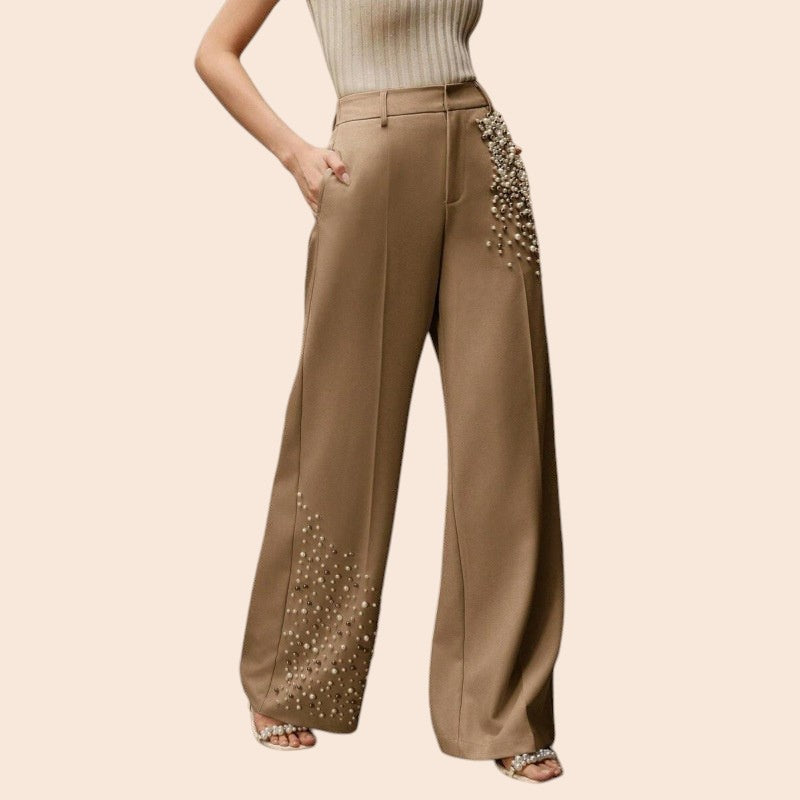 Pearl Embellished Wide-Leg Pants – Luxe Elegance Edition
