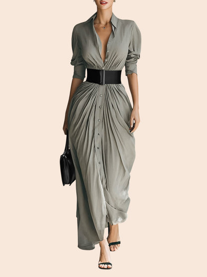 Elegant Belted Lapel Maxi Shirt Dress