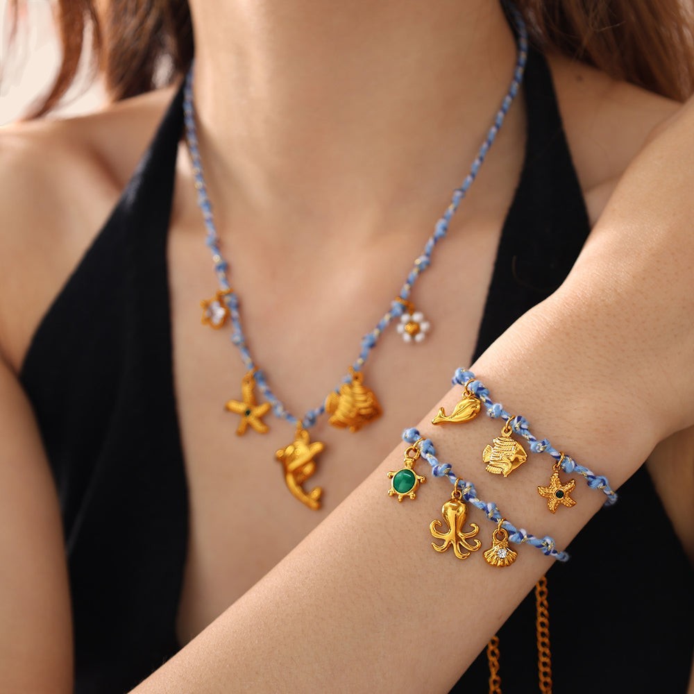 Ocean Charm Braided Necklace & Bracelet Set