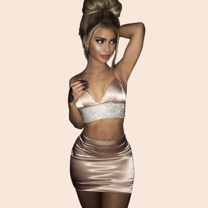 Rhinestone Trim Satin Two-Piece Mini Dress Set