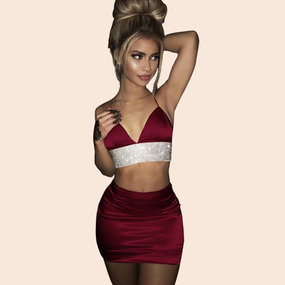 Rhinestone Trim Satin Two-Piece Mini Dress Set