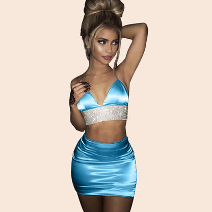 Rhinestone Trim Satin Two-Piece Mini Dress Set