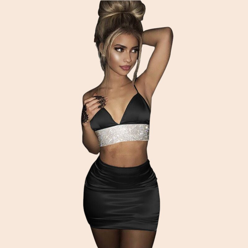 Rhinestone Trim Satin Two-Piece Mini Dress Set