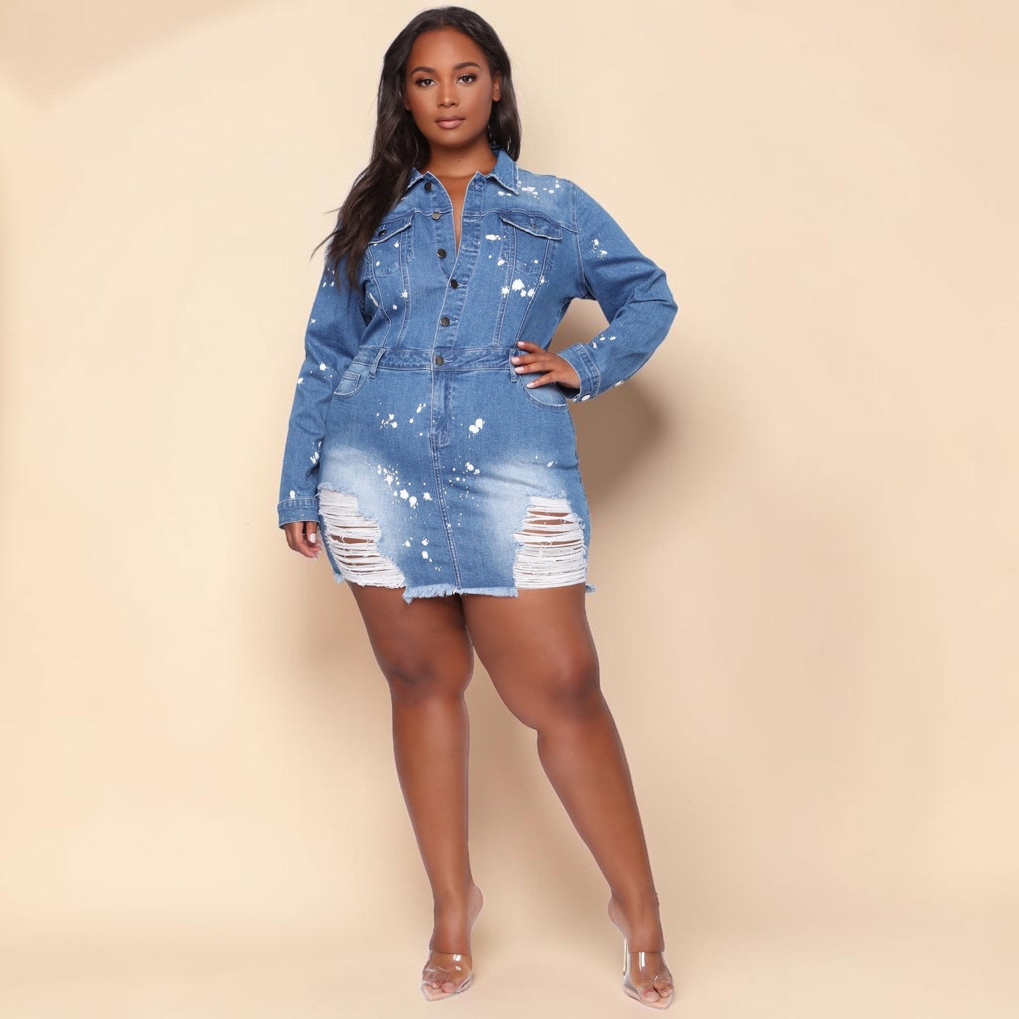 Elastic Denim Button Detail Dress