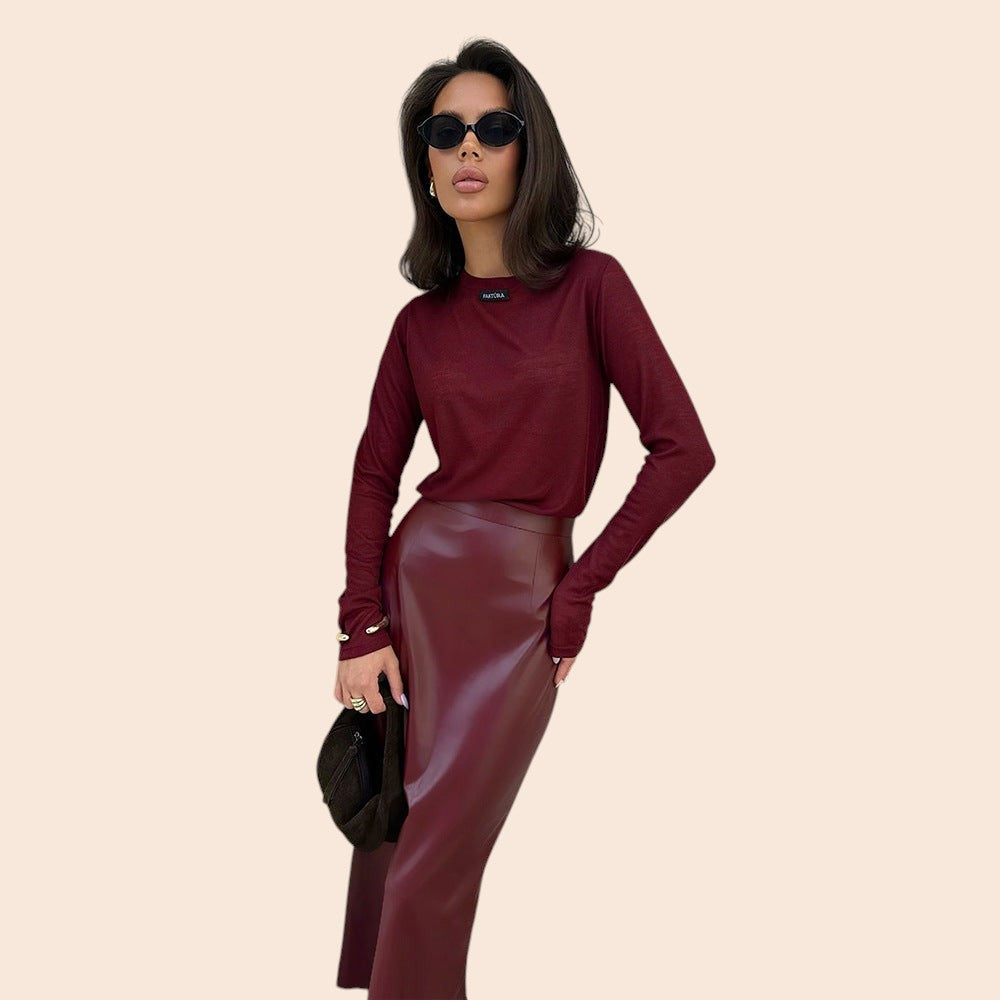 Wine Red Faux Leather Midi Slit Skirt