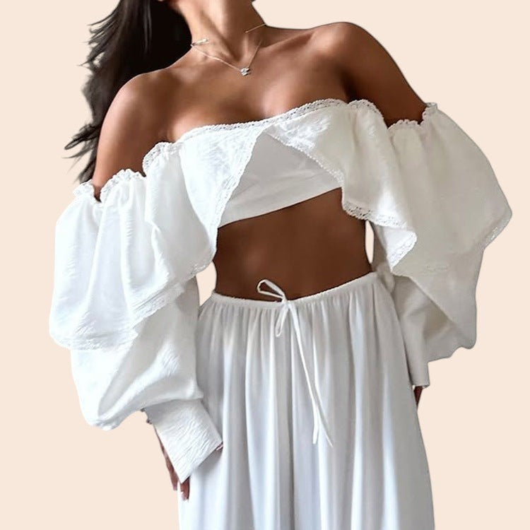 Lace Trim Tie-Front Crop Blouse