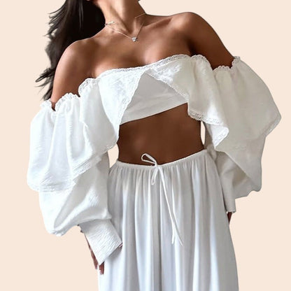 Lace Trim Tie-Front Crop Blouse