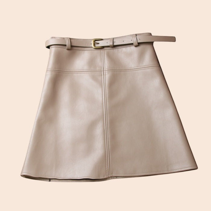 Belted High-Waisted Faux Leather A-Line Skirt