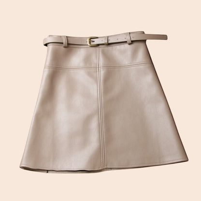 Belted High-Waisted Faux Leather A-Line Skirt