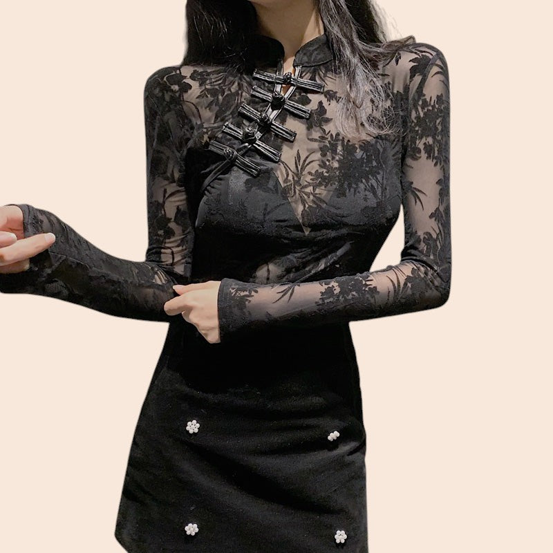 Sheer Lace Mesh Mock Neck Top