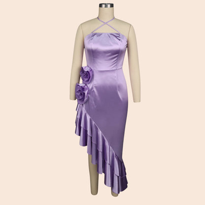 Lavender Bloom Asymmetrical Satin Dress