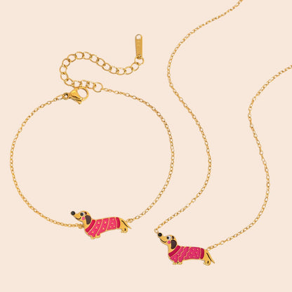 Cute Puppy Charm Necklace & Bracelet Set