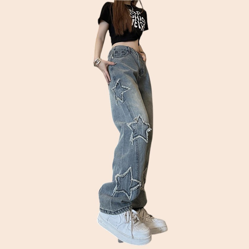 Star Patch High-Waist Straight Leg Jeans