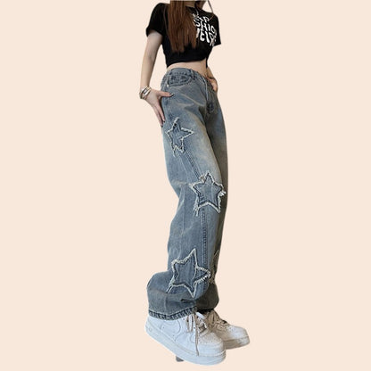 Star Patch High-Waist Straight Leg Jeans