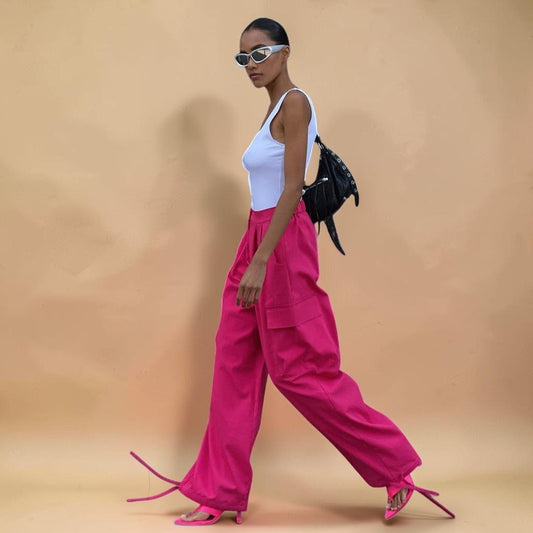 Rose Red Lace-Up Wide-Leg Cargo Pants