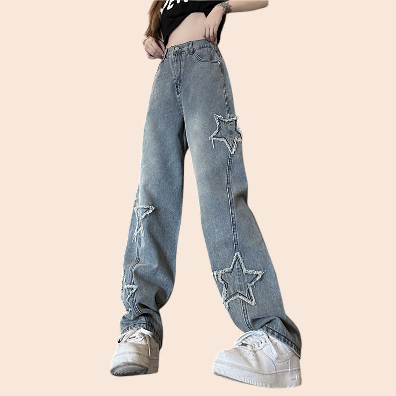 Star Patch High-Waist Straight Leg Jeans