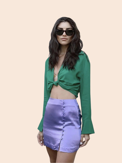 Emerald Satin Tie-Front Blouse