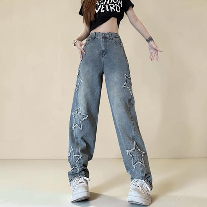 Star Patch High-Waist Straight Leg Jeans