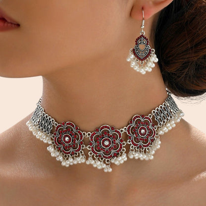 Vintage Pearl Flower Statement Necklace & Earring Set