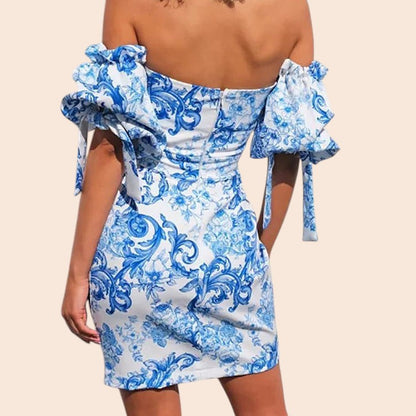 Blue Porcelain Off-Shoulder Mini Dress