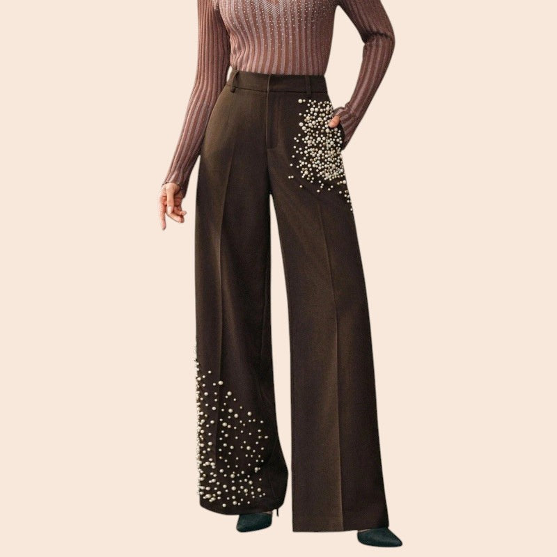 Pearl Embellished Wide-Leg Pants – Luxe Elegance Edition