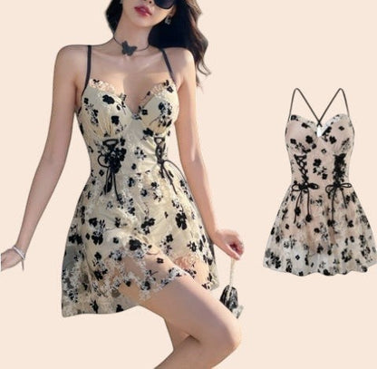 Floral Embroidered Mesh Mini Dress