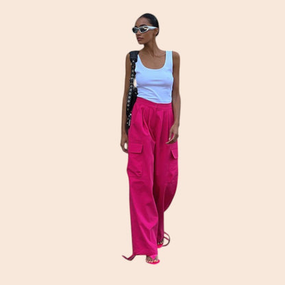 Rose Red Lace-Up Wide-Leg Cargo Pants