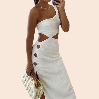 One-Shoulder Cutout Button Detail Midi Dress