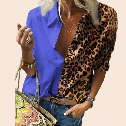 Leopard Contrast Button-Up Blouse