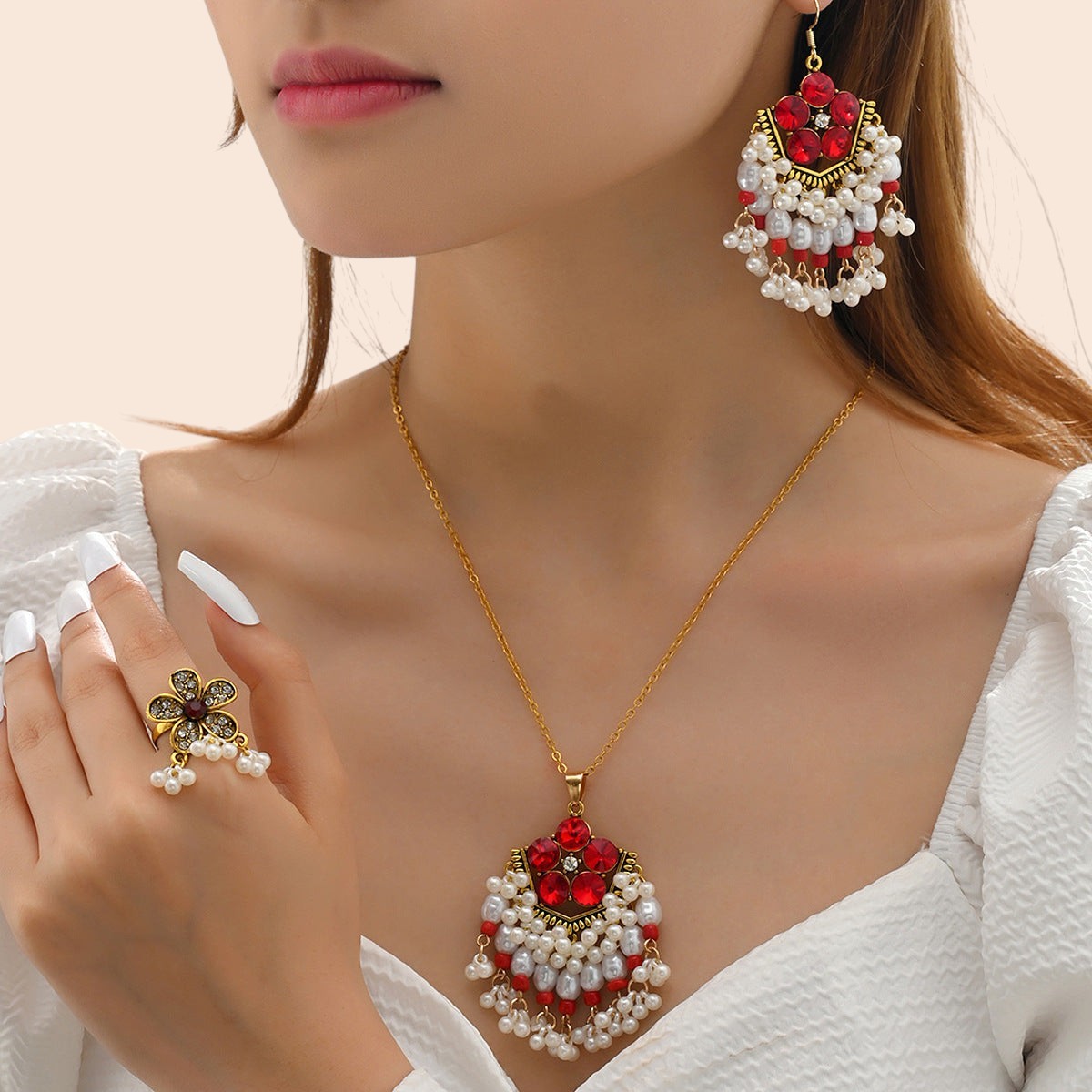 Vintage Pearl Flower Statement Necklace & Earring Set