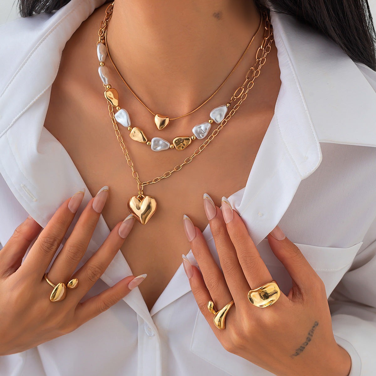 Layered Heart & Pearl Pendant Necklace