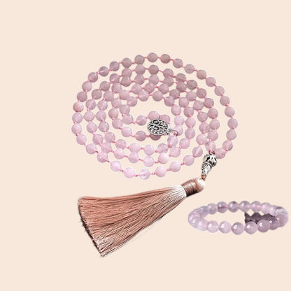 Rose Quartz Tassel Mala Necklace & Bracelet Set