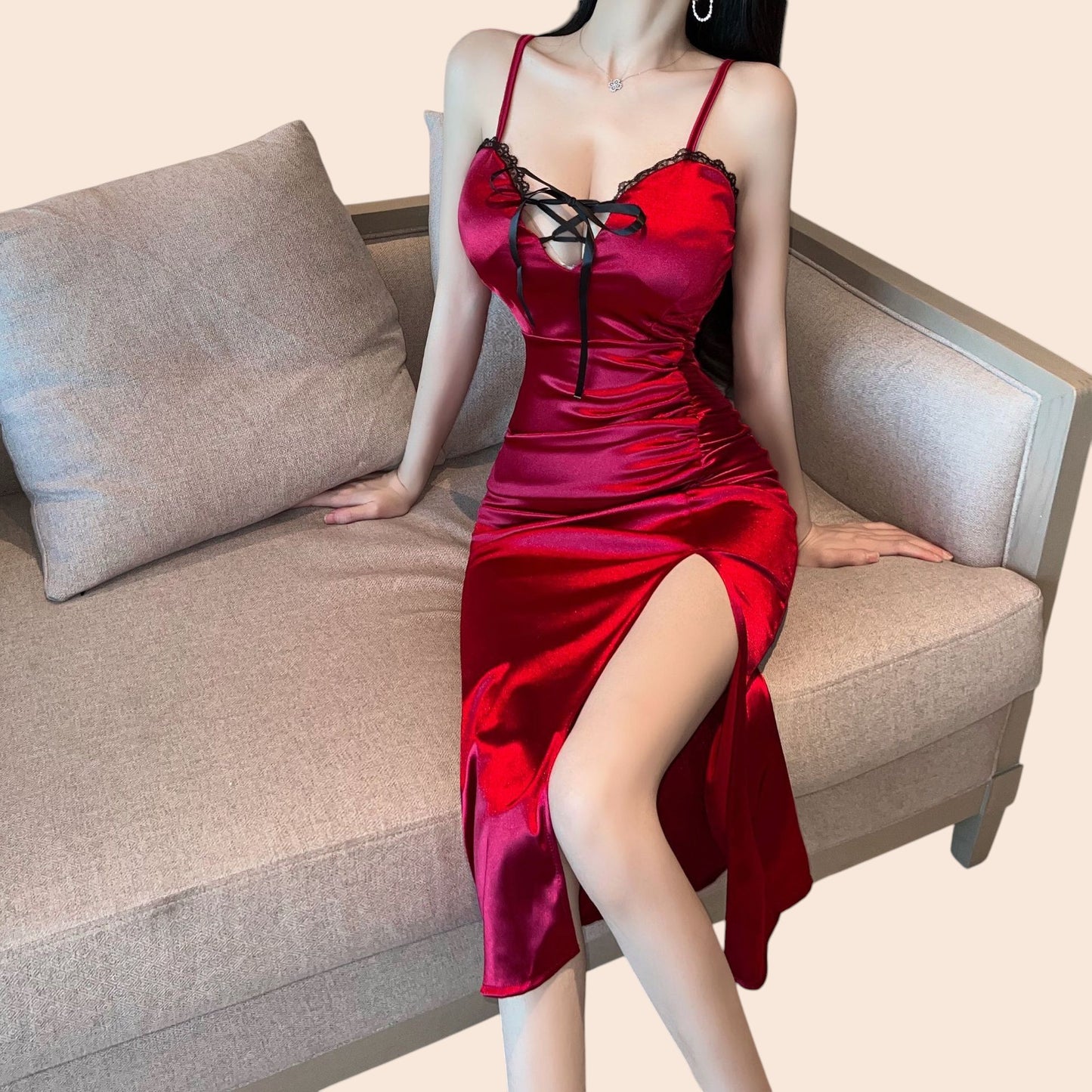 Lace Detail Satin Slip Midi Dress
