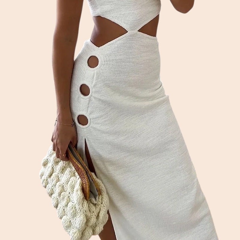 One-Shoulder Cutout Button Detail Midi Dress