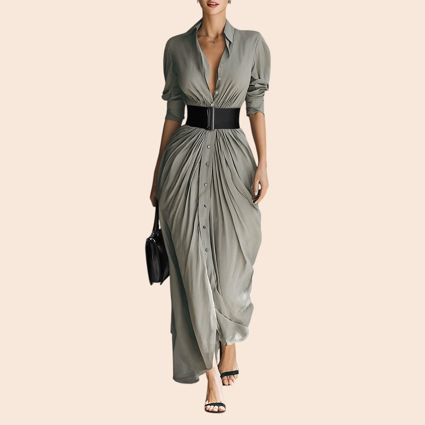 Elegant Belted Lapel Maxi Shirt Dress