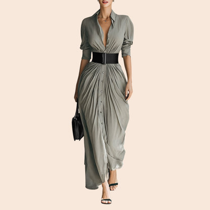Elegant Belted Lapel Maxi Shirt Dress