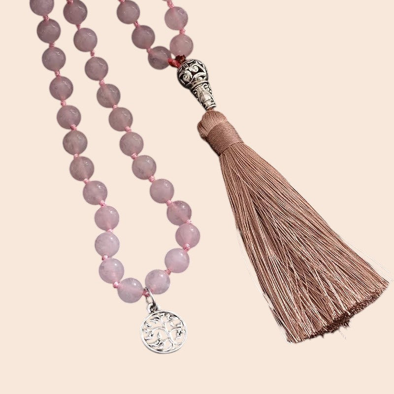 Rose Quartz Tassel Mala Necklace & Bracelet Set
