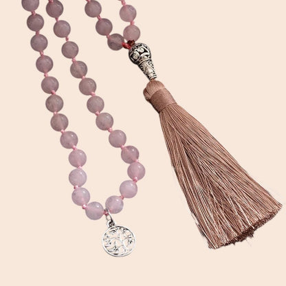 Rose Quartz Tassel Mala Necklace & Bracelet Set