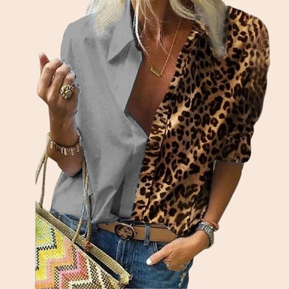 Leopard Contrast Button-Up Blouse